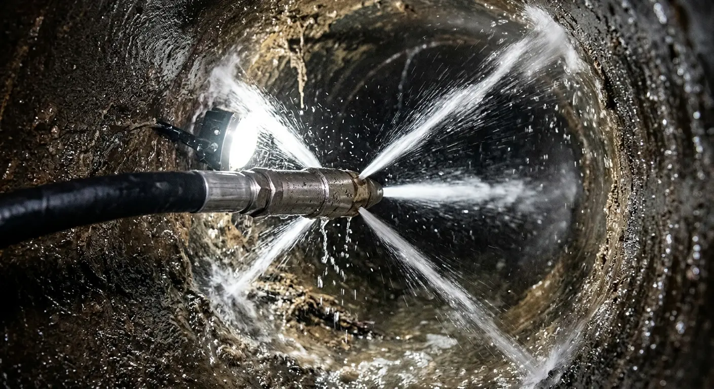 High-pressure hydro jetting nozzle cleaning sewer pipe for Emergency Drain Service in Kalkaska