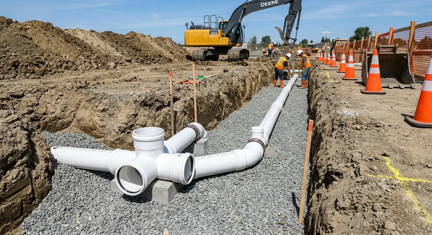New PVC sewer pipe installation in open trench for Sewer Backup in Kalkaska