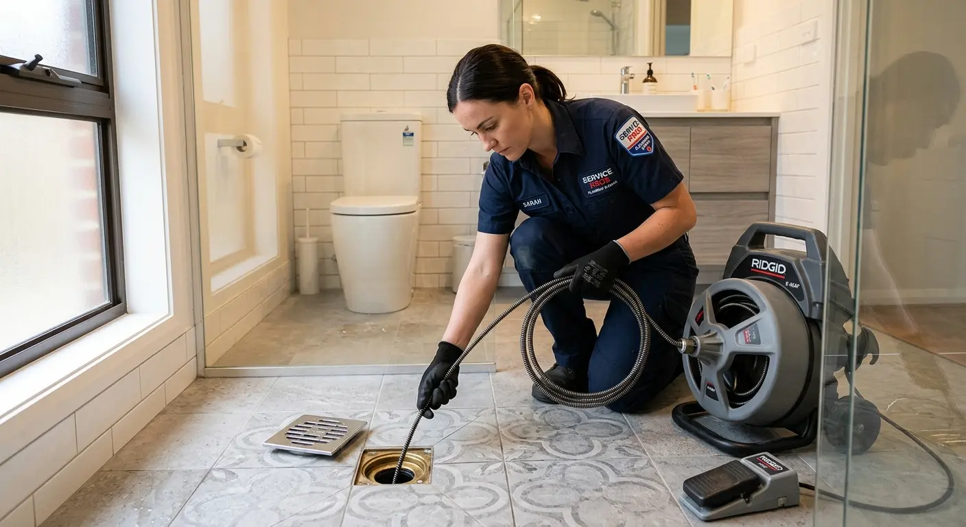 Technician clearing a bathroom floor drain for Sewer Line Replacement in Kalkaska
